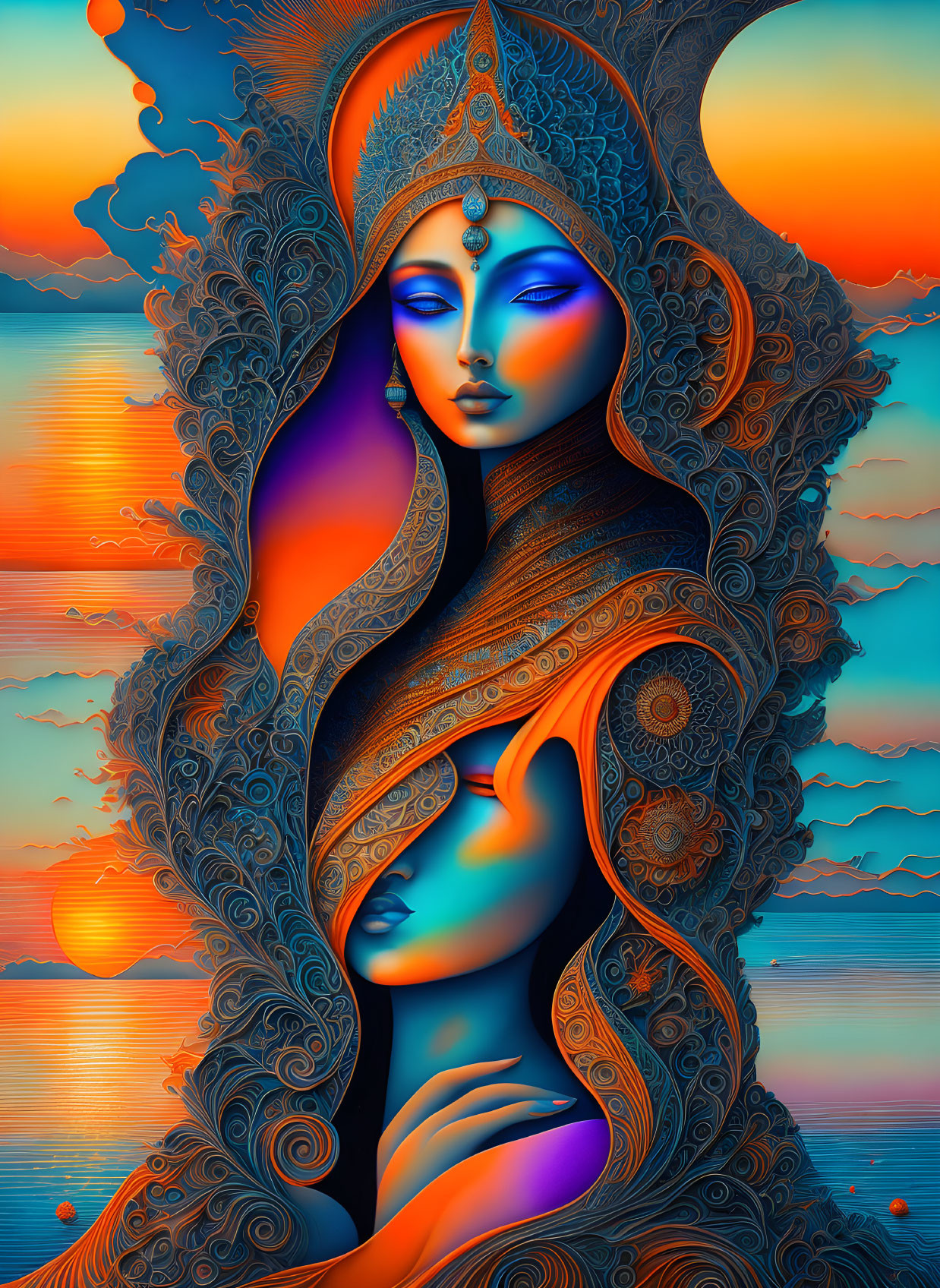 Stylized image: Woman's face with ornate headgear on seascape.