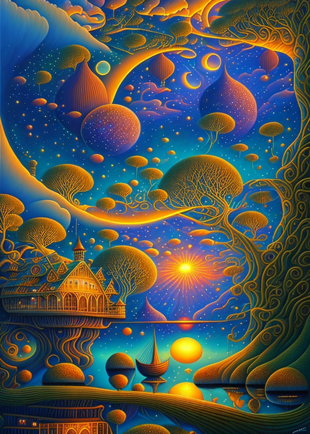 Colorful fantastical landscape with mushroom-like trees, celestial backdrop, ornate building, and sailing ship