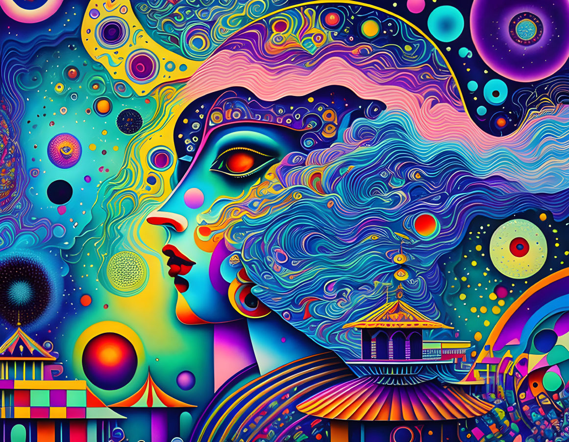 Colorful Psychedelic Artwork: Stylized Woman's Profile with Cosmic and Architectural Elements