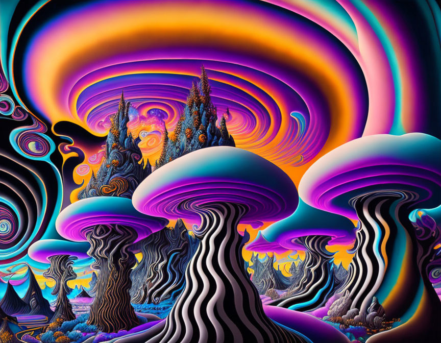 Colorful psychedelic landscape with swirling patterns and surreal mountain backdrop