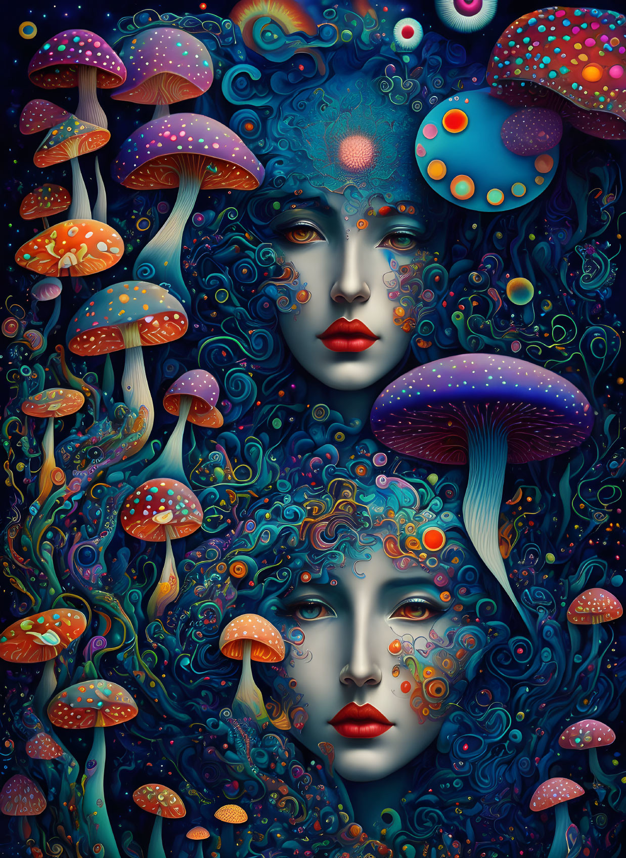 Surreal Artwork: Women's Faces Merge with Mushrooms & Florals