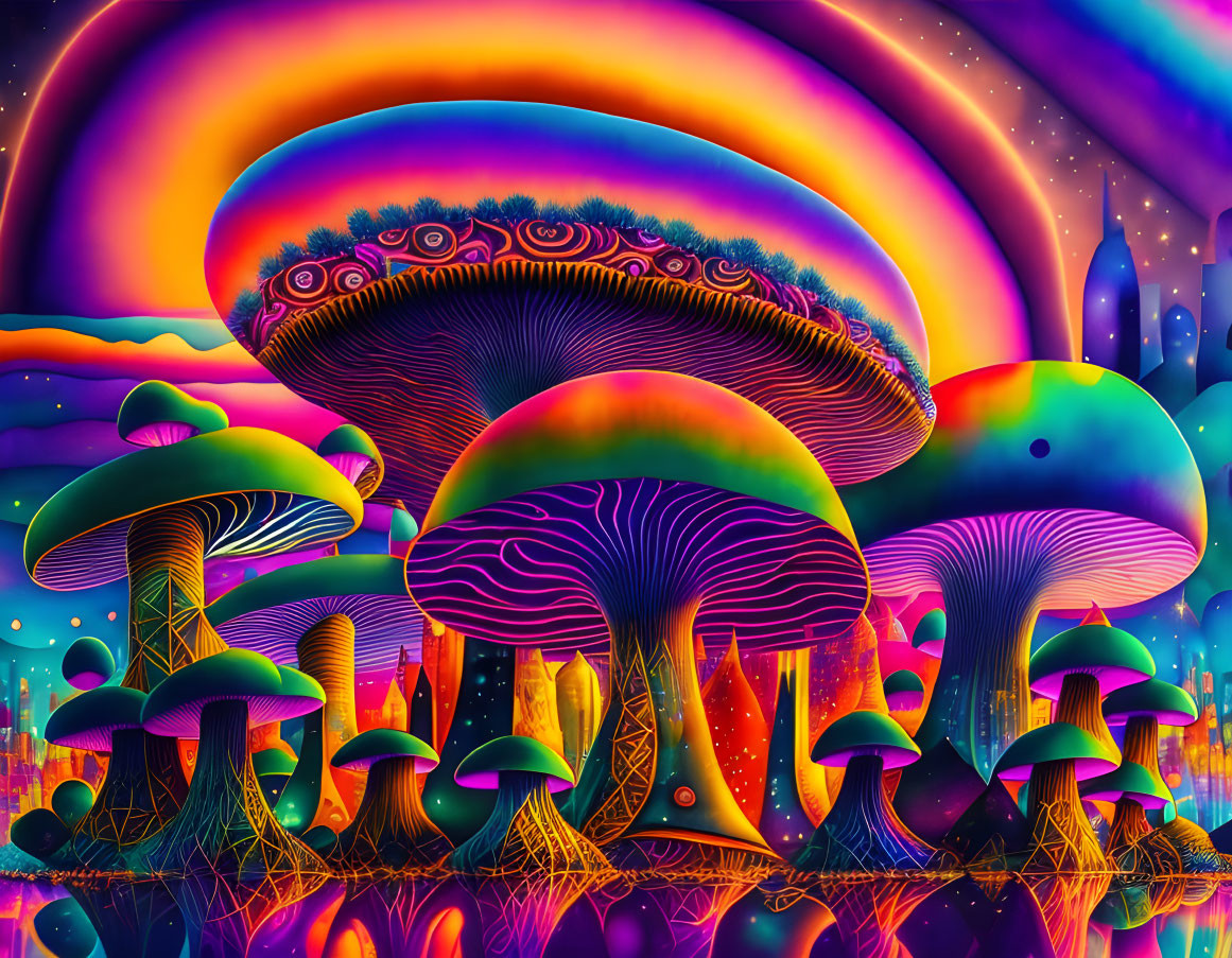 Colorful Psychedelic Mushroom Landscape with Swirling Sky