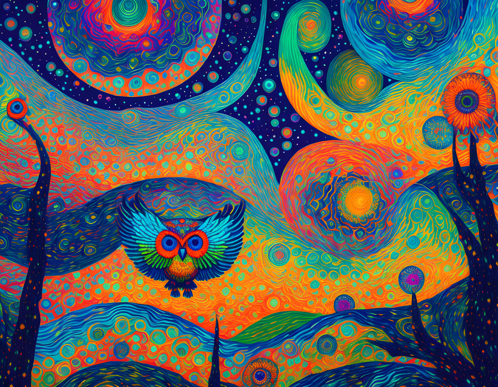 Colorful Psychedelic Owl Illustration with Abstract Floral Patterns