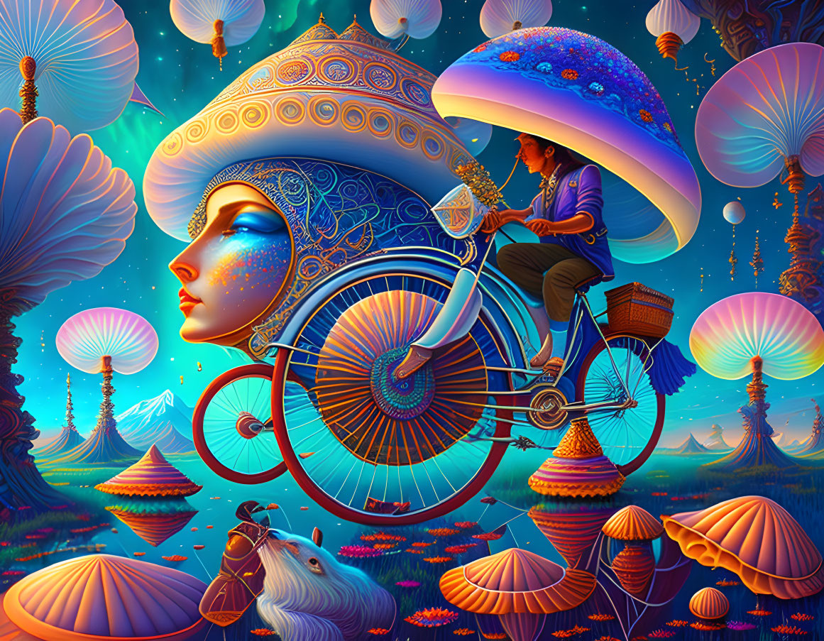 Colorful Psychedelic Illustration of Woman, Man on Bicycle, and Mushrooms