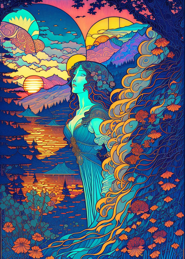 Stylized sunset nature scene with woman's silhouette in vibrant artwork