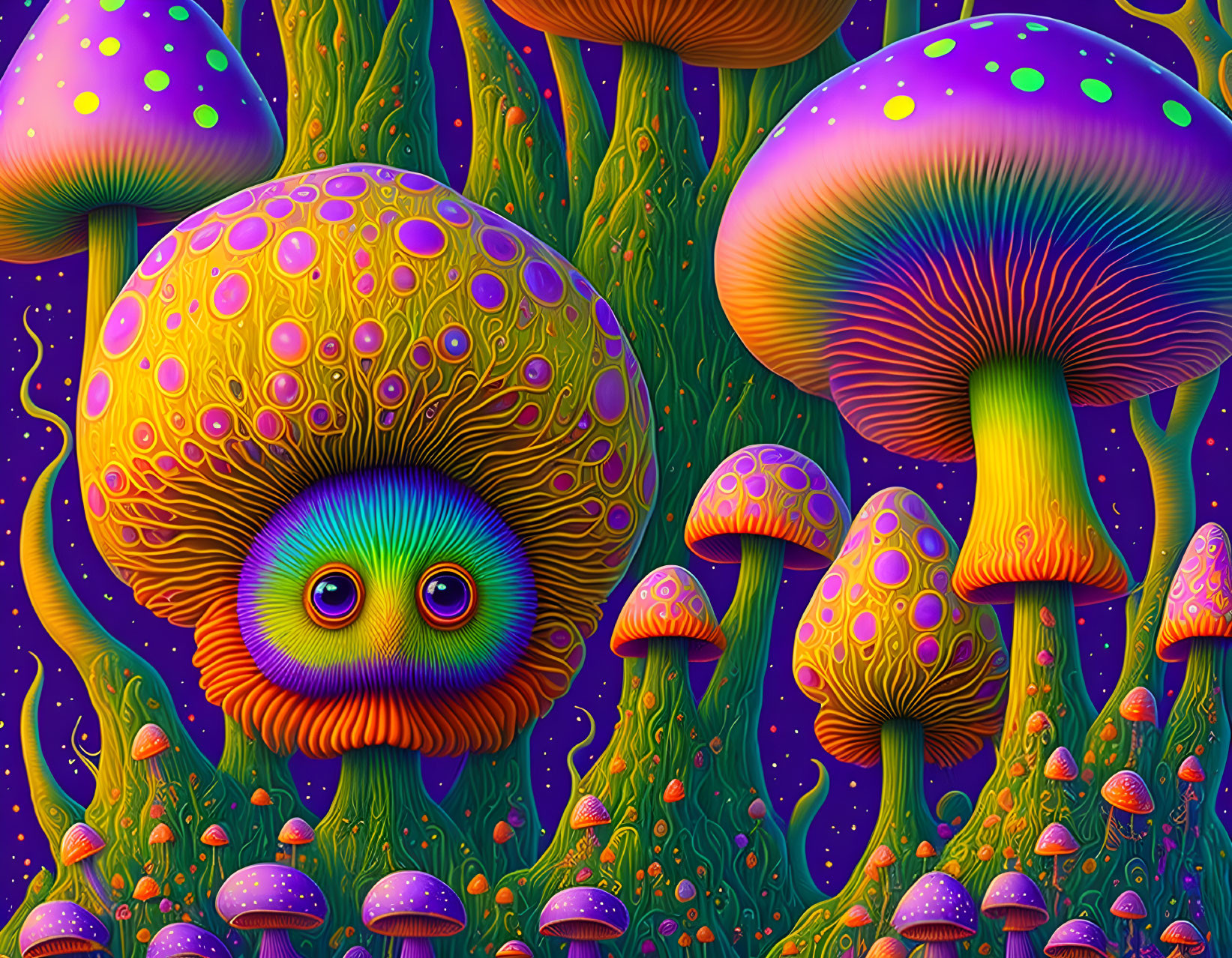 Colorful psychedelic mushrooms with whimsical caterpillar creature