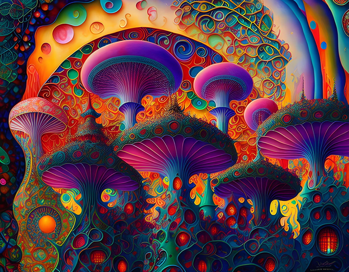 Colorful psychedelic artwork: Stylized mushrooms in intricate patterns