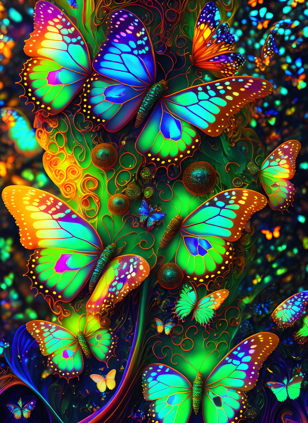 Neon-colored butterflies and intricate patterns in surreal digital art