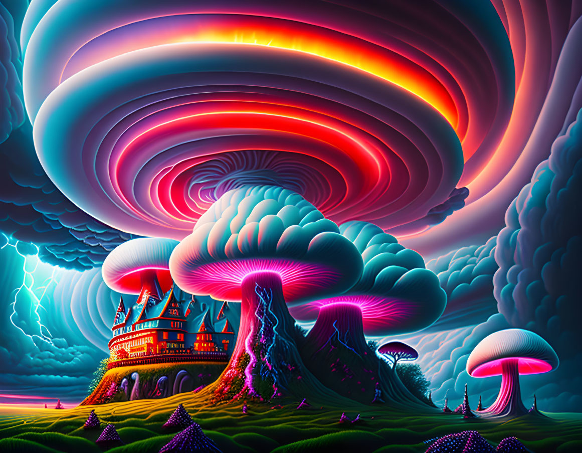 Psychedelic landscape with castle and mushroom hills in digital art