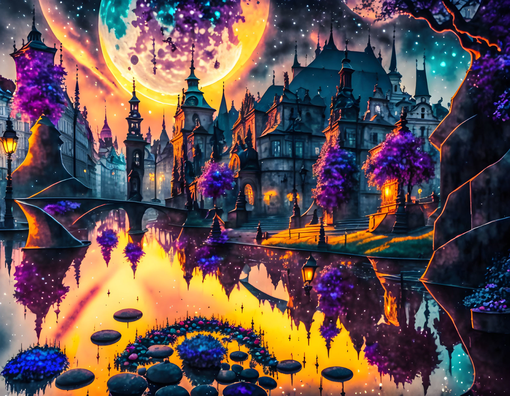 Enchanted castle in vibrant fantasy landscape