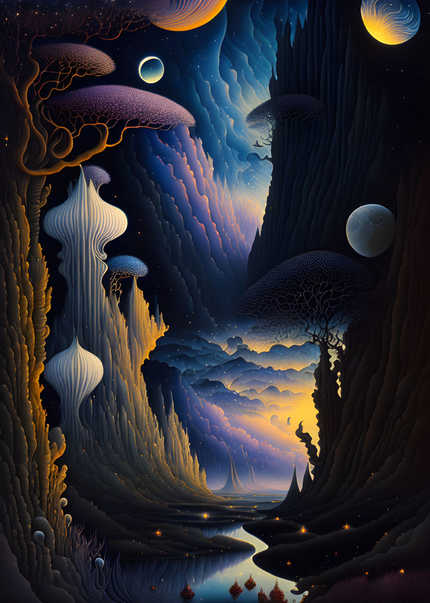 Surreal landscape with jellyfish-like entities, layered valley, wavy patterns, and two moons