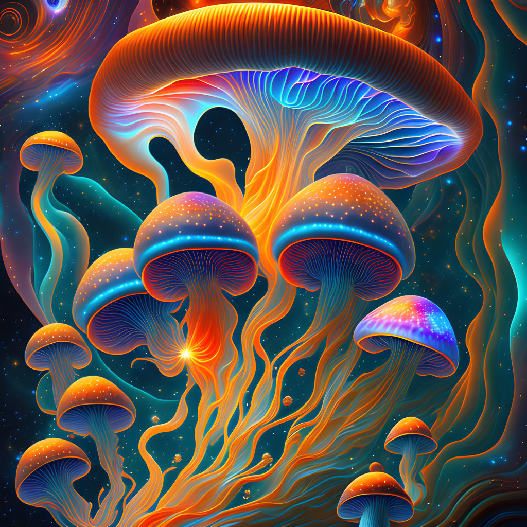 Colorful Psychedelic Illustration of Jellyfish-Like Mushrooms and Swirling Patterns