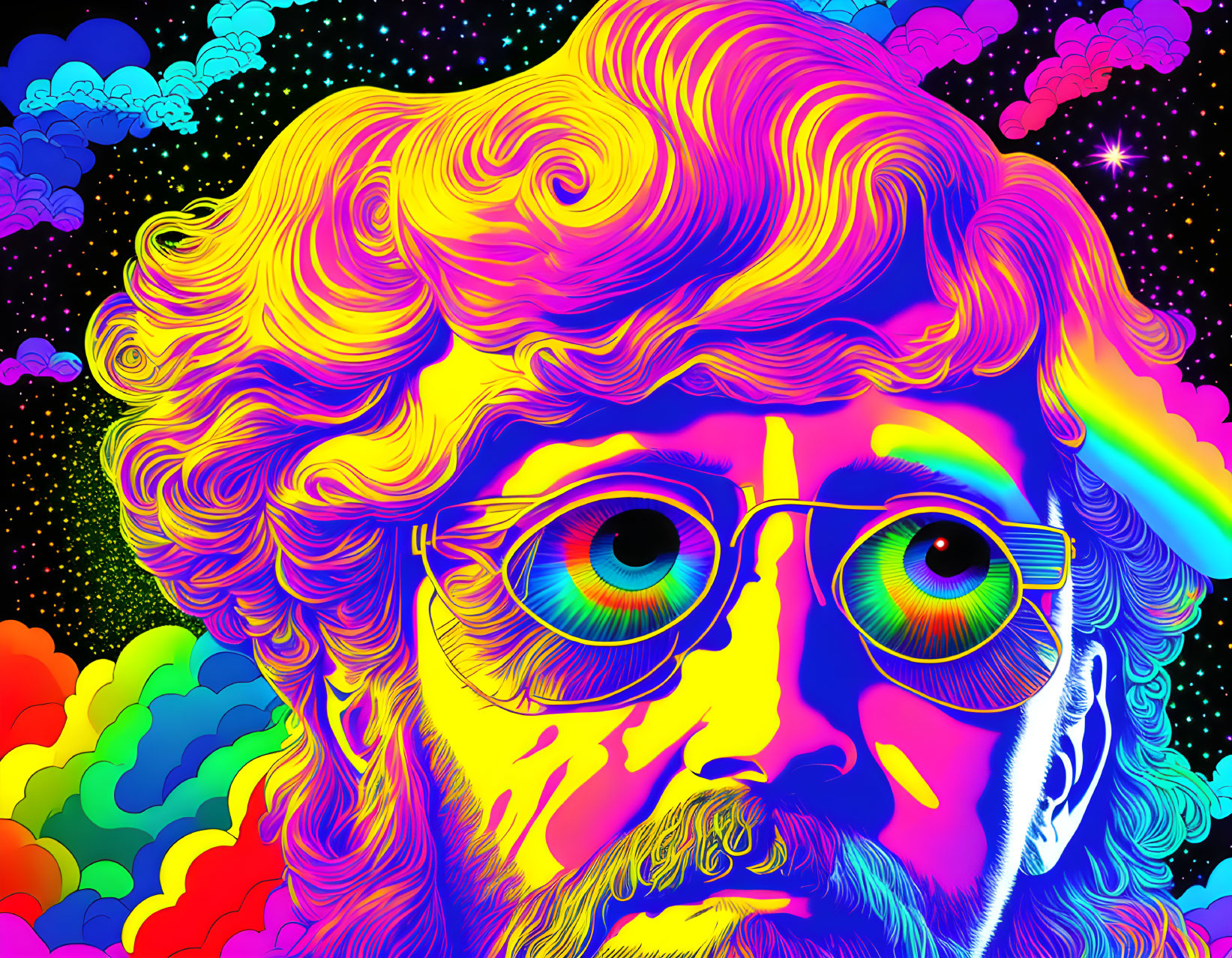 Vibrant psychedelic portrait with man in glasses against neon backdrop