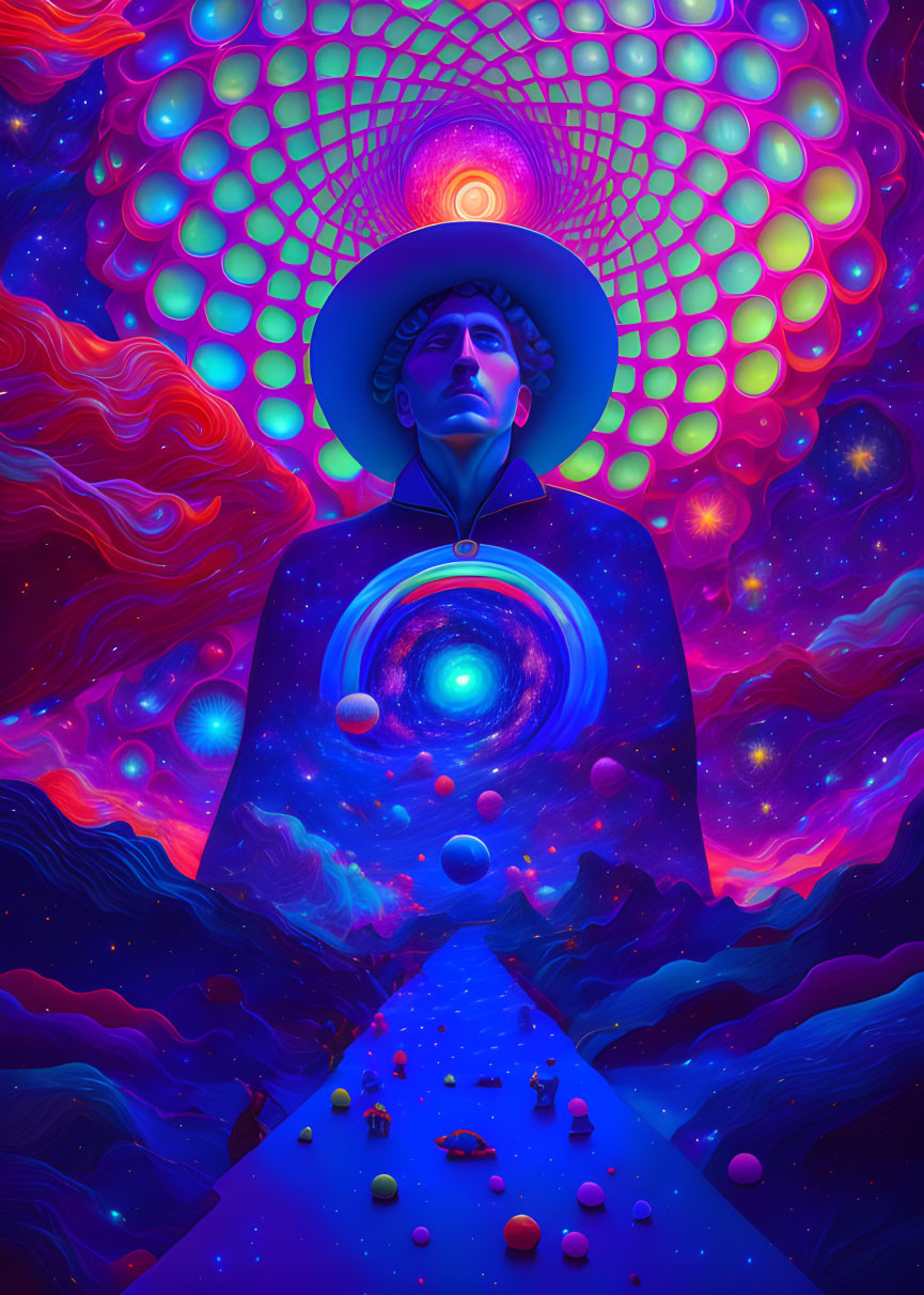 Colorful Psychedelic Figure with Galaxy Chest in Cosmic Scene