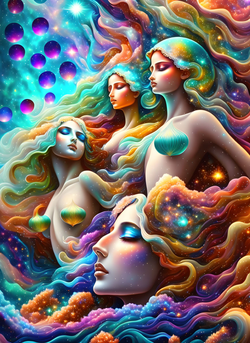 Colorful Illustration: Four Women Blend with Cosmic Background