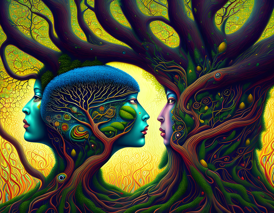 Colorful artwork: Three faces merge with tree shapes, rich colors and intricate patterns, symbolizing nature