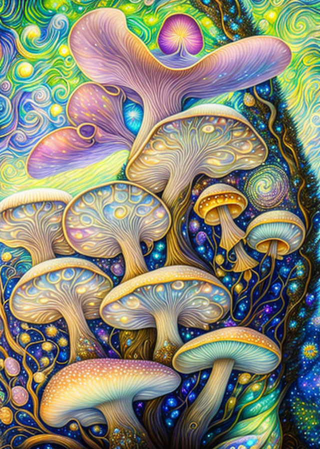 Colorful Psychedelic Mushroom Illustration with Swirling Starry Background