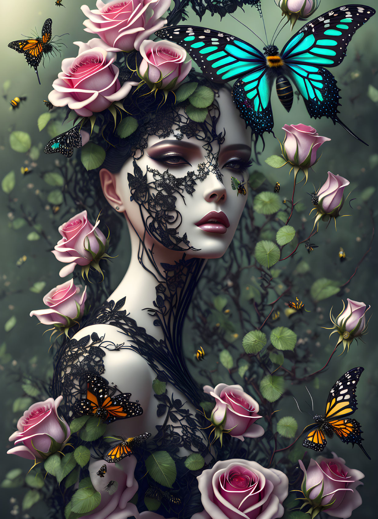 Surreal portrait of woman with roses, butterflies, black lace mask, greens and pinks