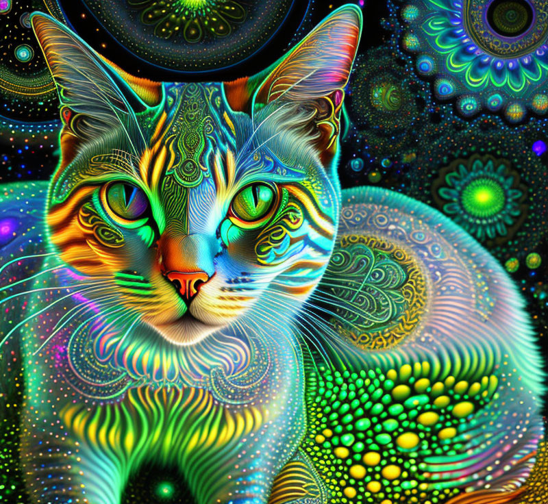 Colorful Psychedelic Cat Art Against Cosmic Background