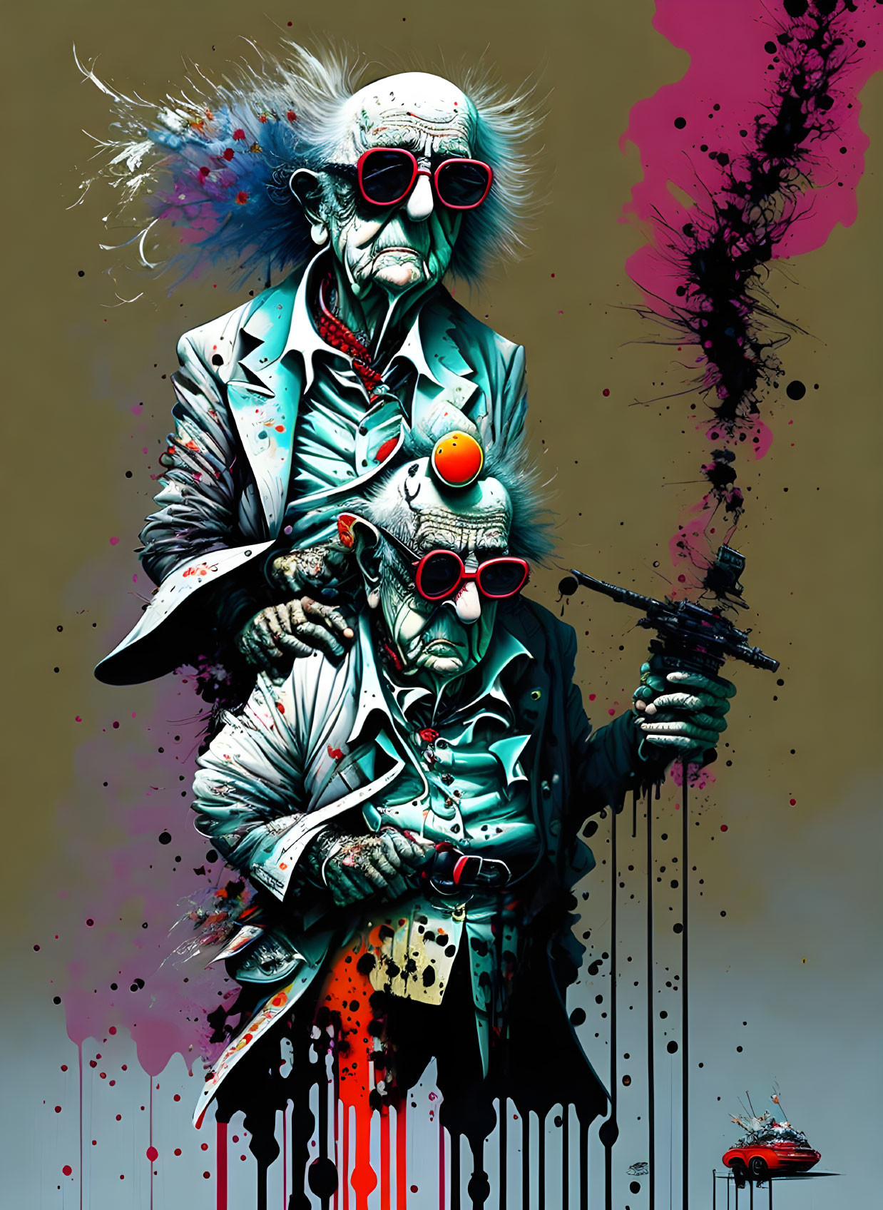 Colorful Artistic Rendering of Two Elderly Figures with Paint Gun in Red Glasses