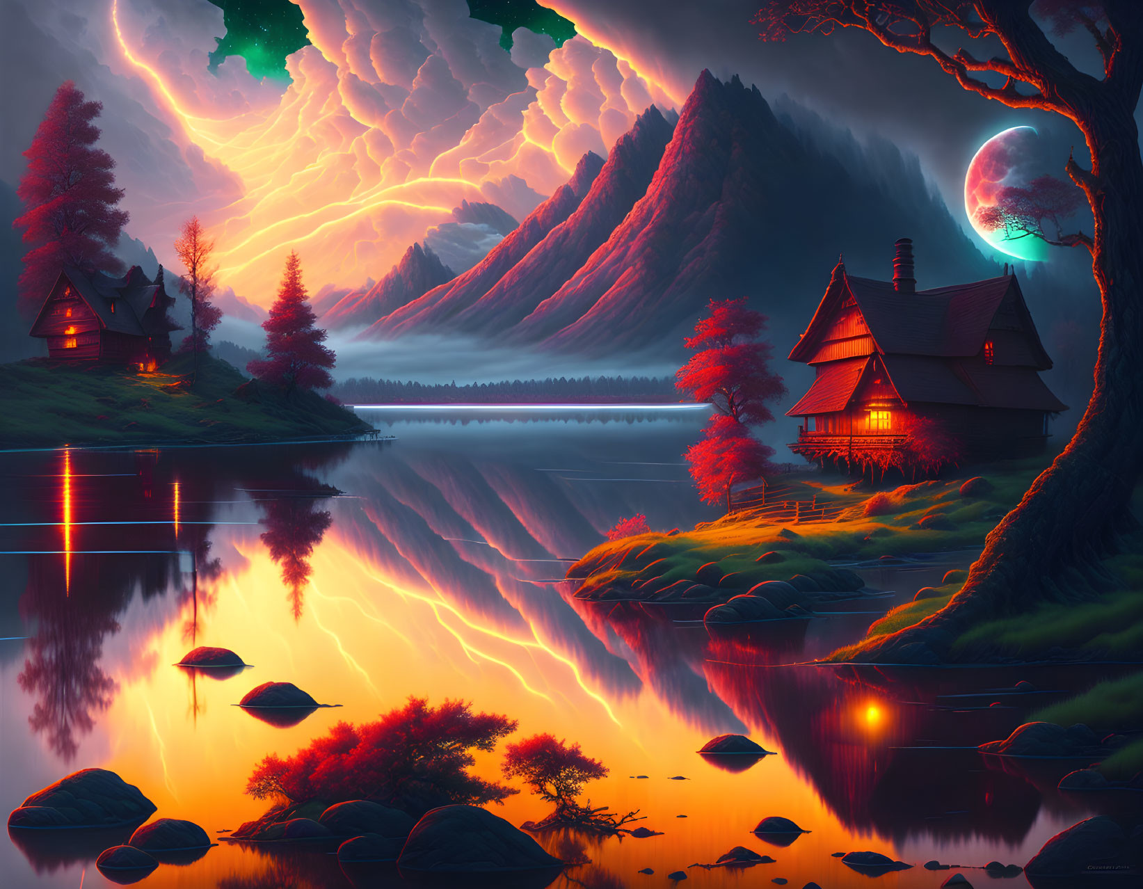Digital Artwork: Serene Lakeside Scene with Cabins, Moon, Auroras, Reflections