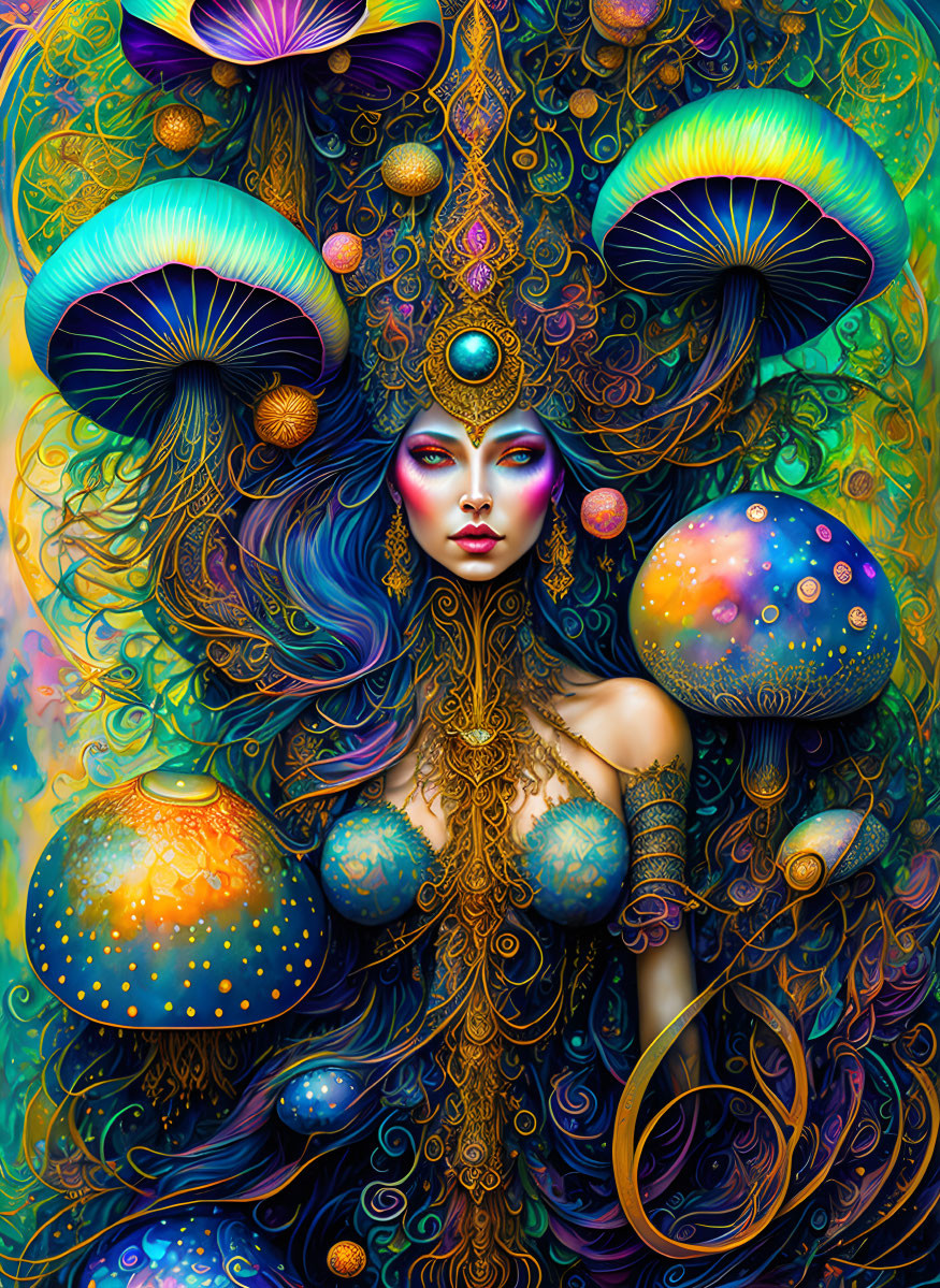 Colorful Woman Illustration with Psychedelic Patterns & Mushrooms