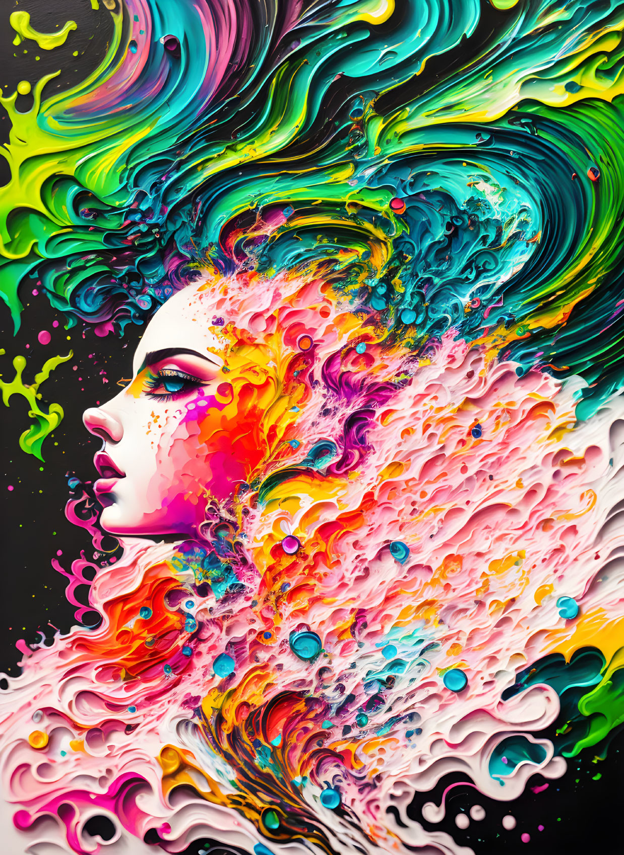 Colorful abstract artwork of woman's profile with swirling patterns and paint splatters