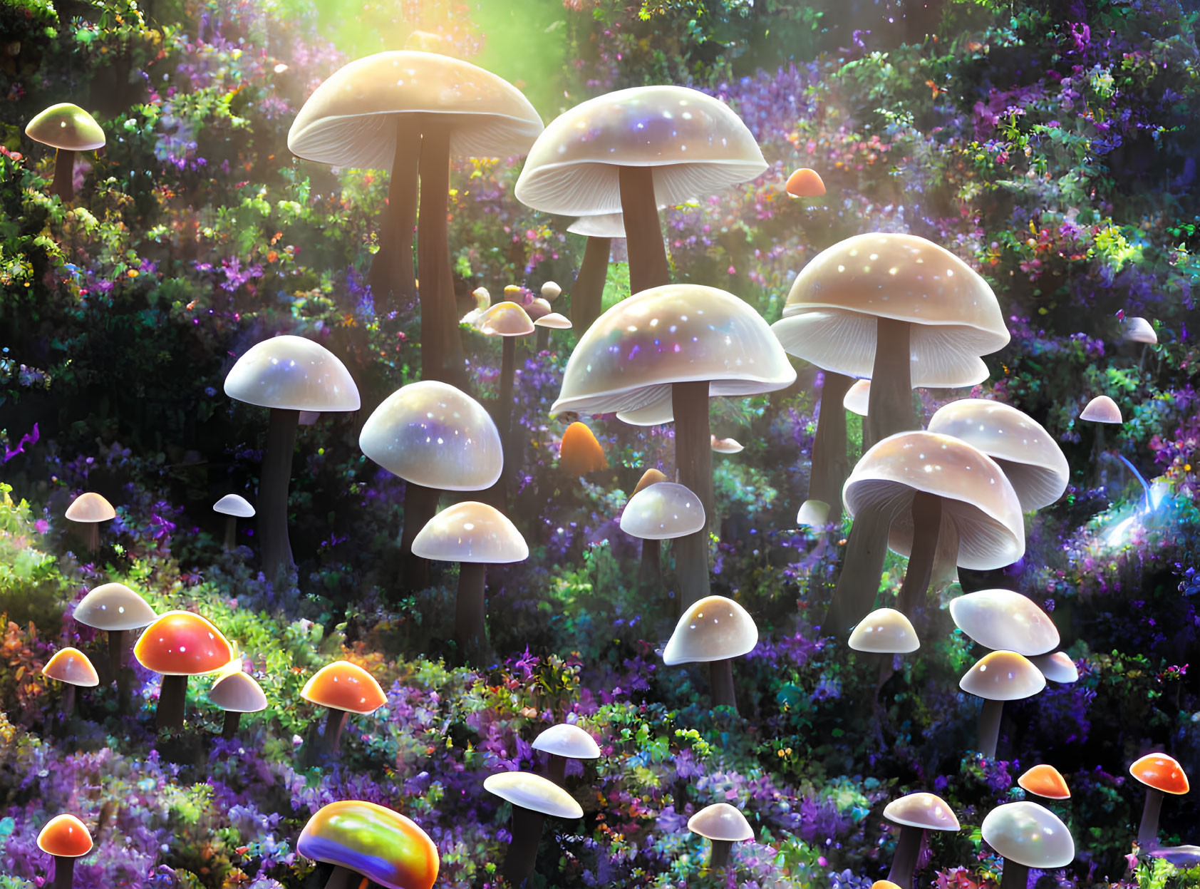 Enchanting forest scene with oversized luminescent mushrooms