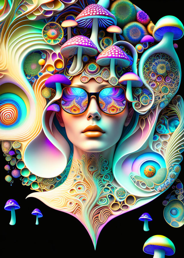 Colorful psychedelic female face with mushrooms and sunglasses.