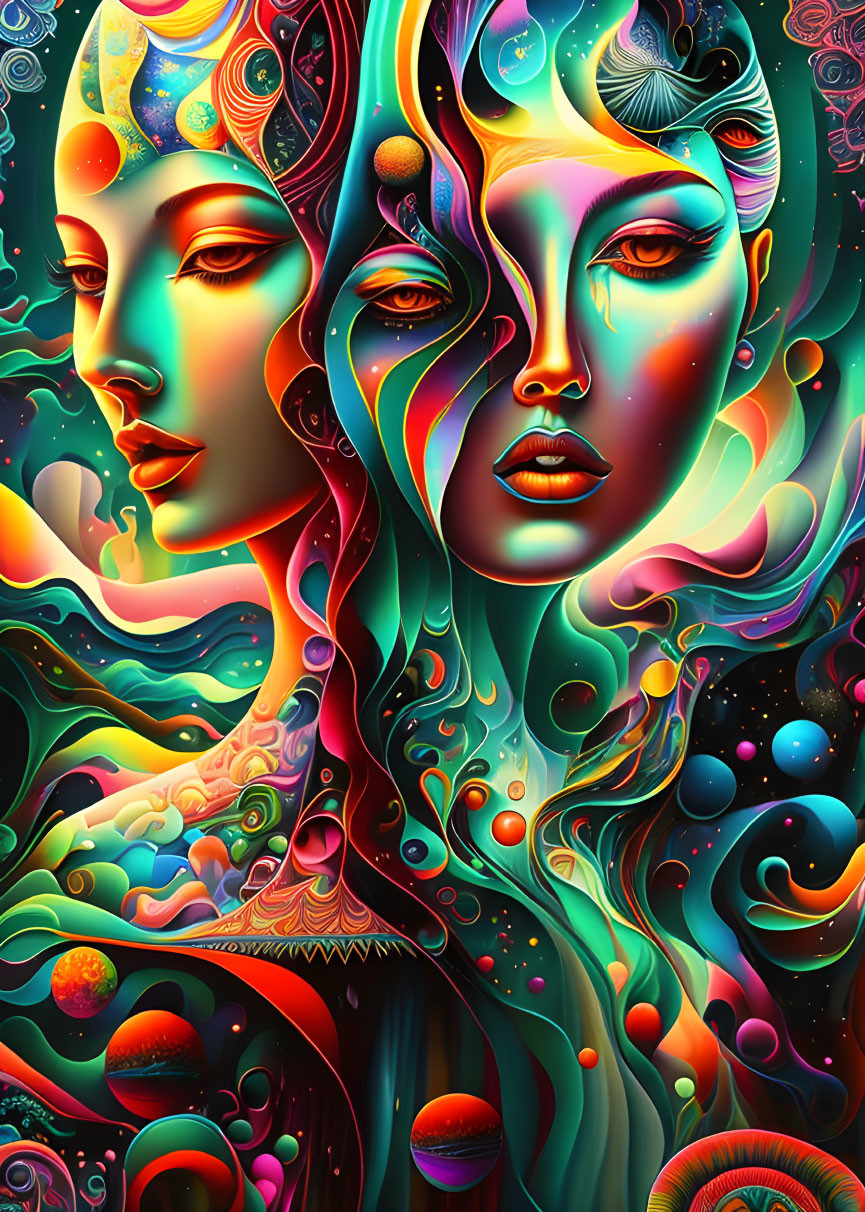 Colorful Psychedelic Artwork: Intertwined Female Faces with Swirling Patterns and Cele