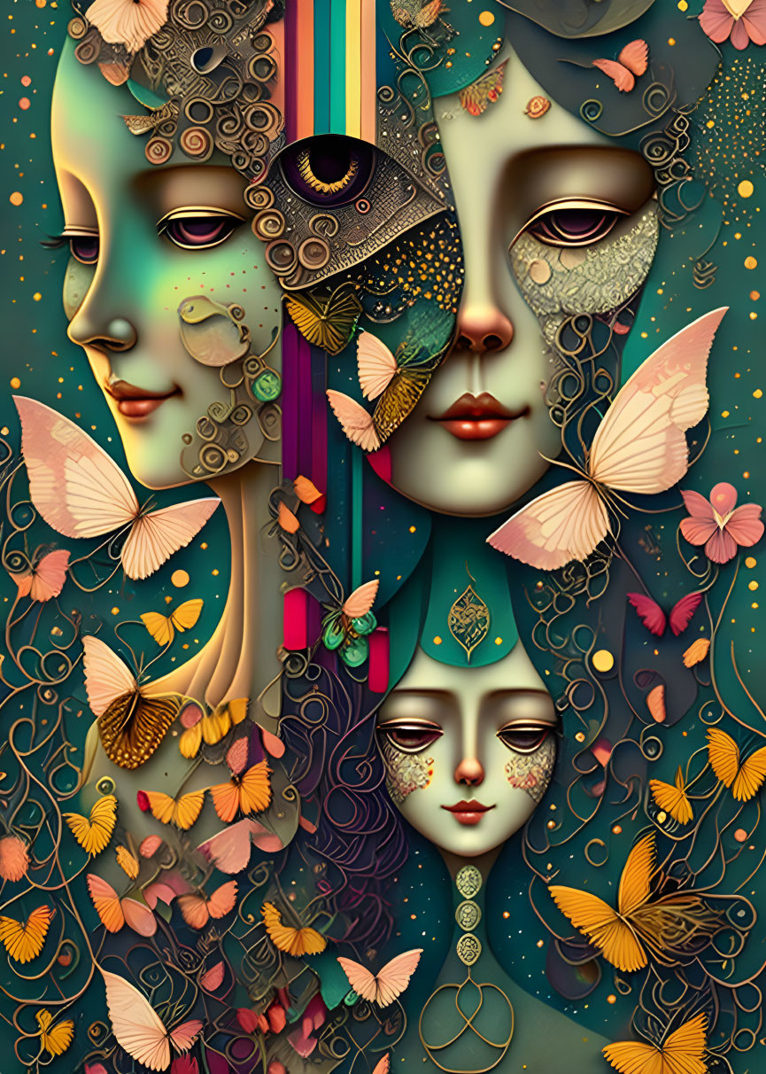 Colorful artwork with stylized faces, butterflies, and floral patterns