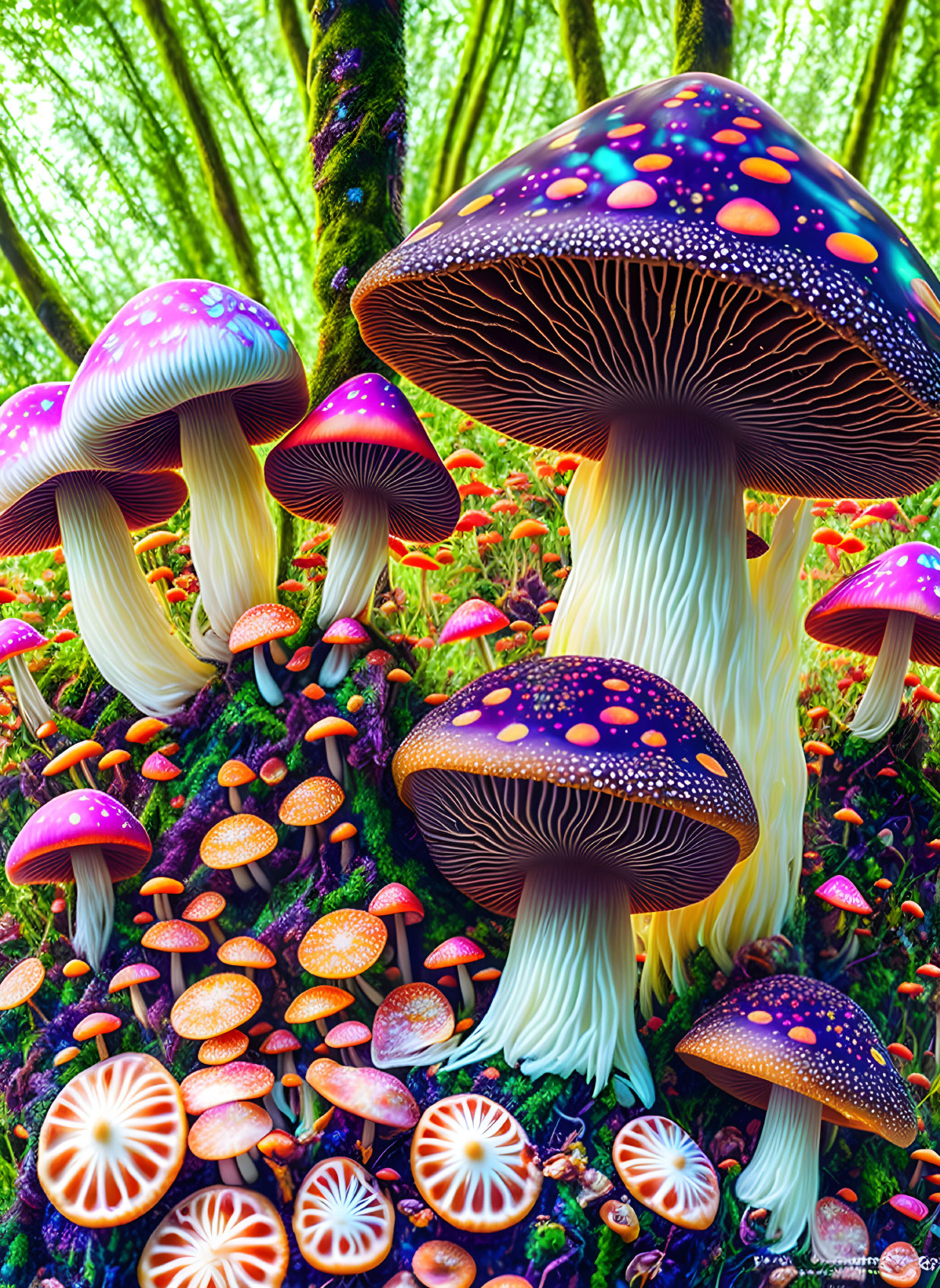 Colorful Oversized Mushrooms in Enchanted Forest Setting