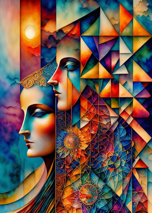 Colorful Geometric Profile Faces with Celestial Background