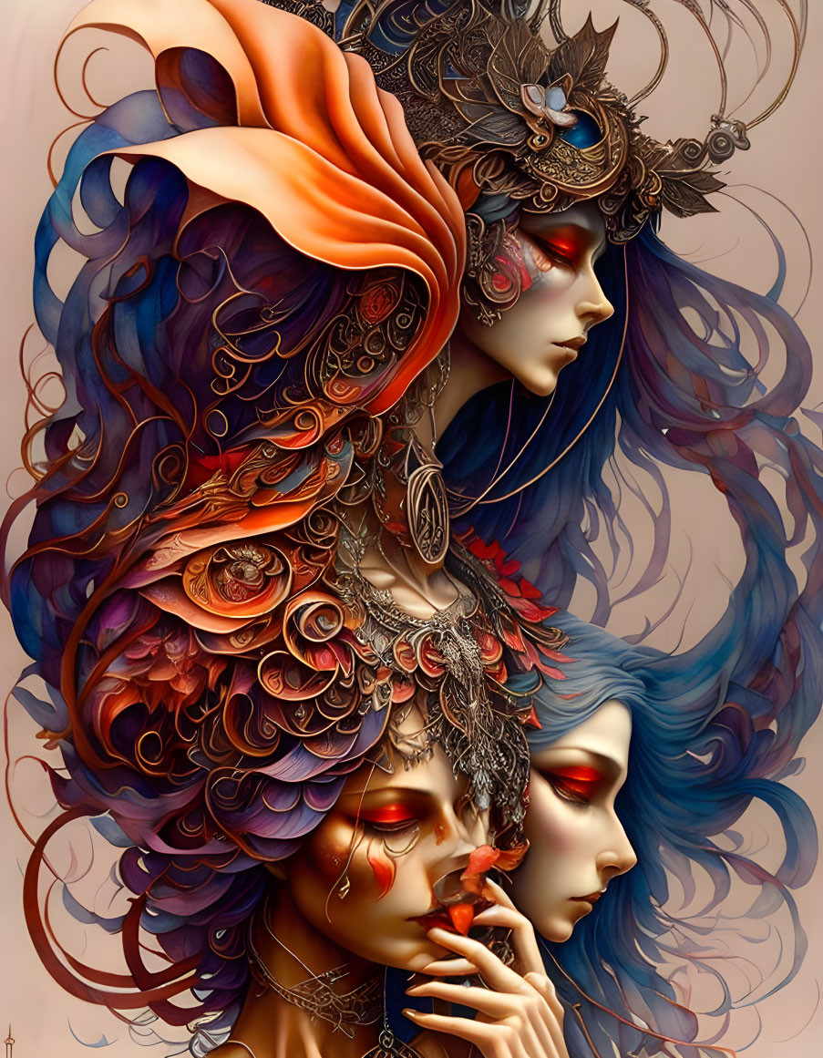 Fantasy digital artwork: Two female figures with ornate headdresses and blue hair