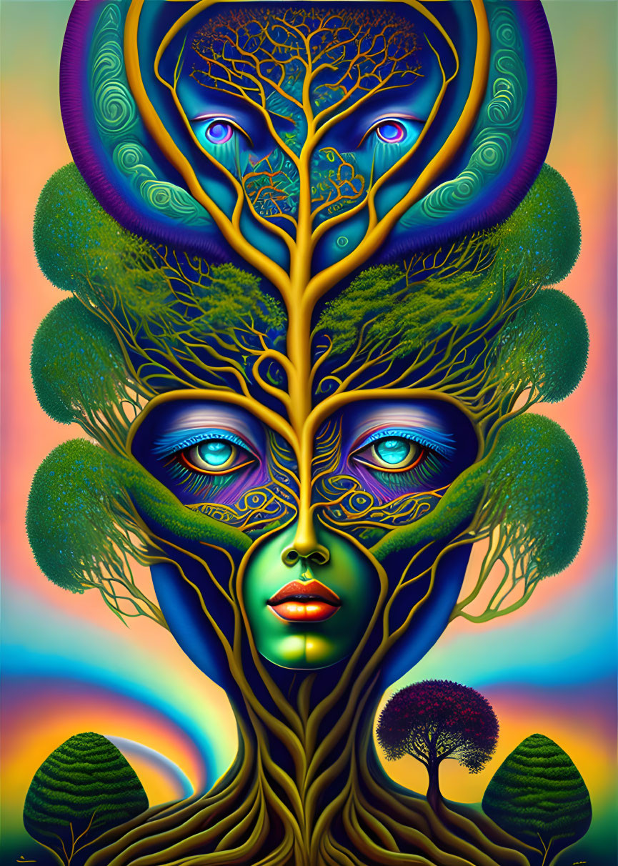 Surreal illustration of face merging with tree elements