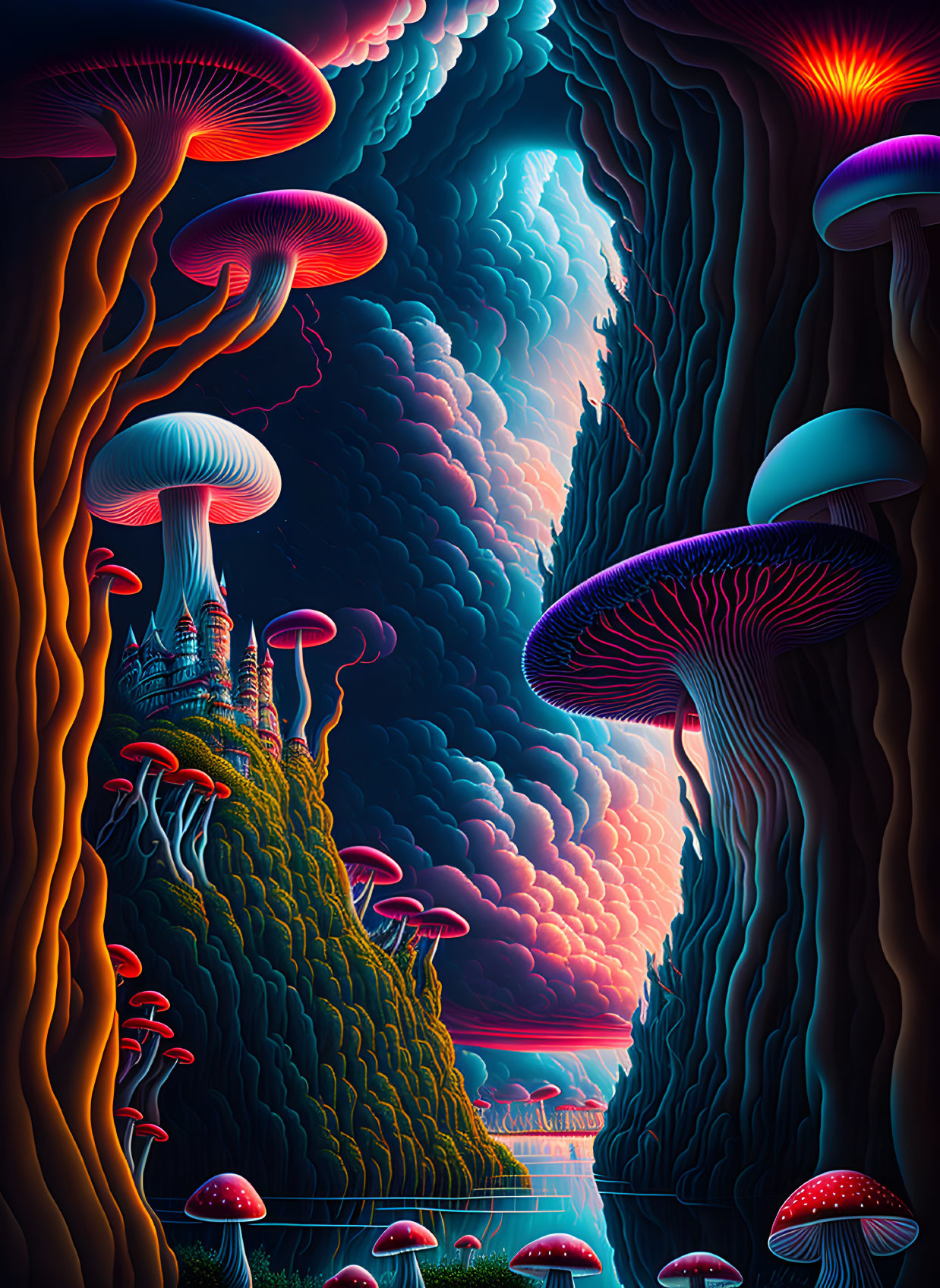 Colorful oversized mushrooms and small castle in vibrant, fantastical landscape