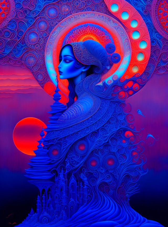 Digital artwork of blue-skinned woman in sunset landscape