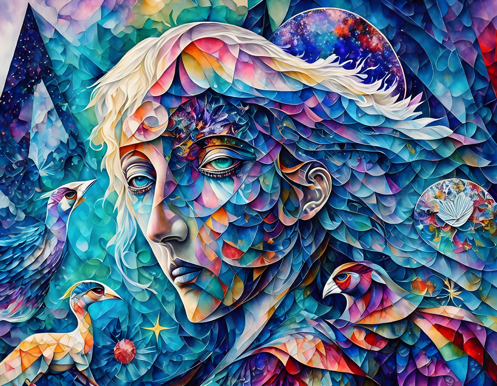 Colorful Mosaic Artwork of Woman's Face with Celestial Motifs and Birds