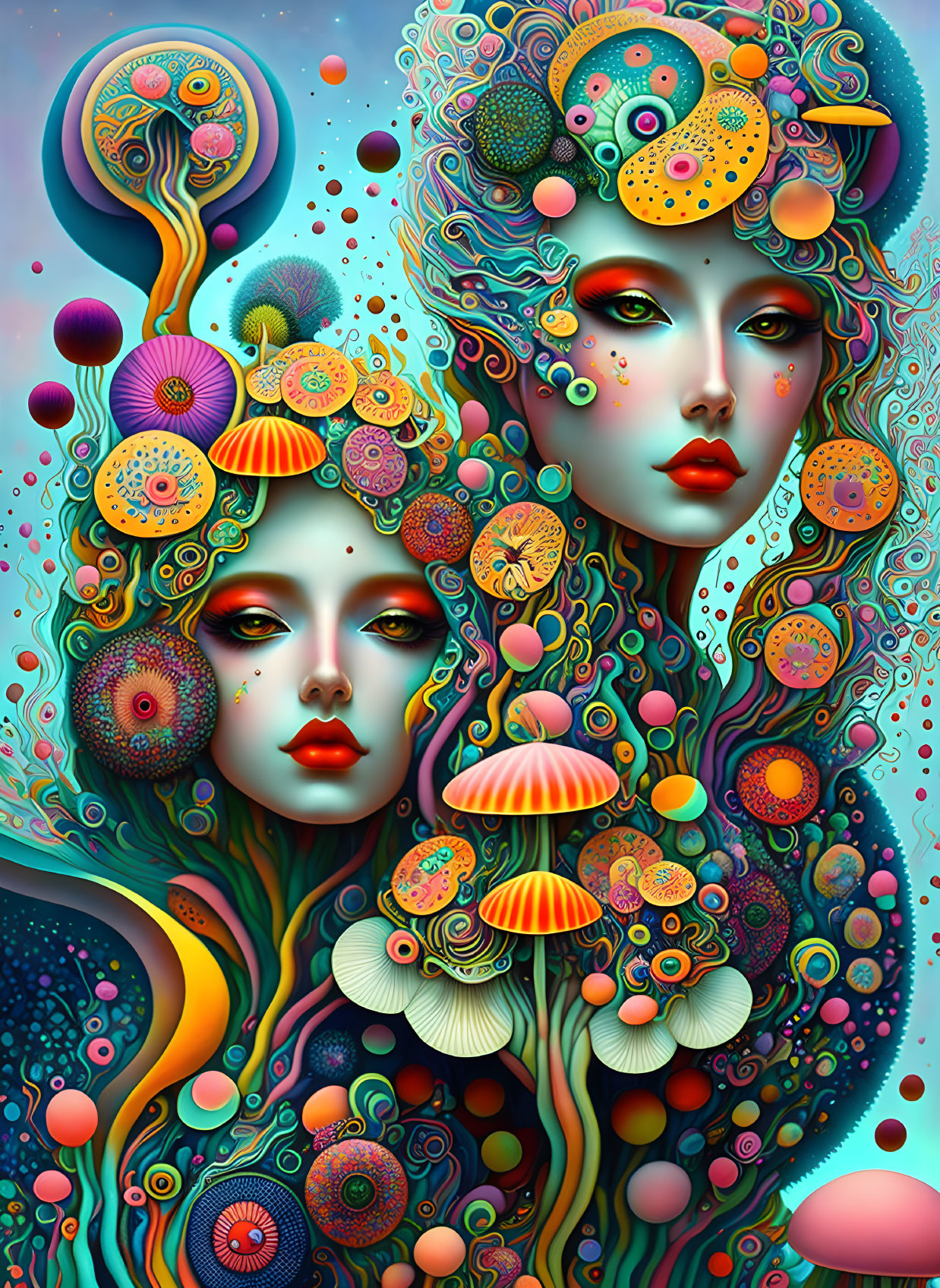 Vivid artwork featuring two female faces with intricate underwater patterns