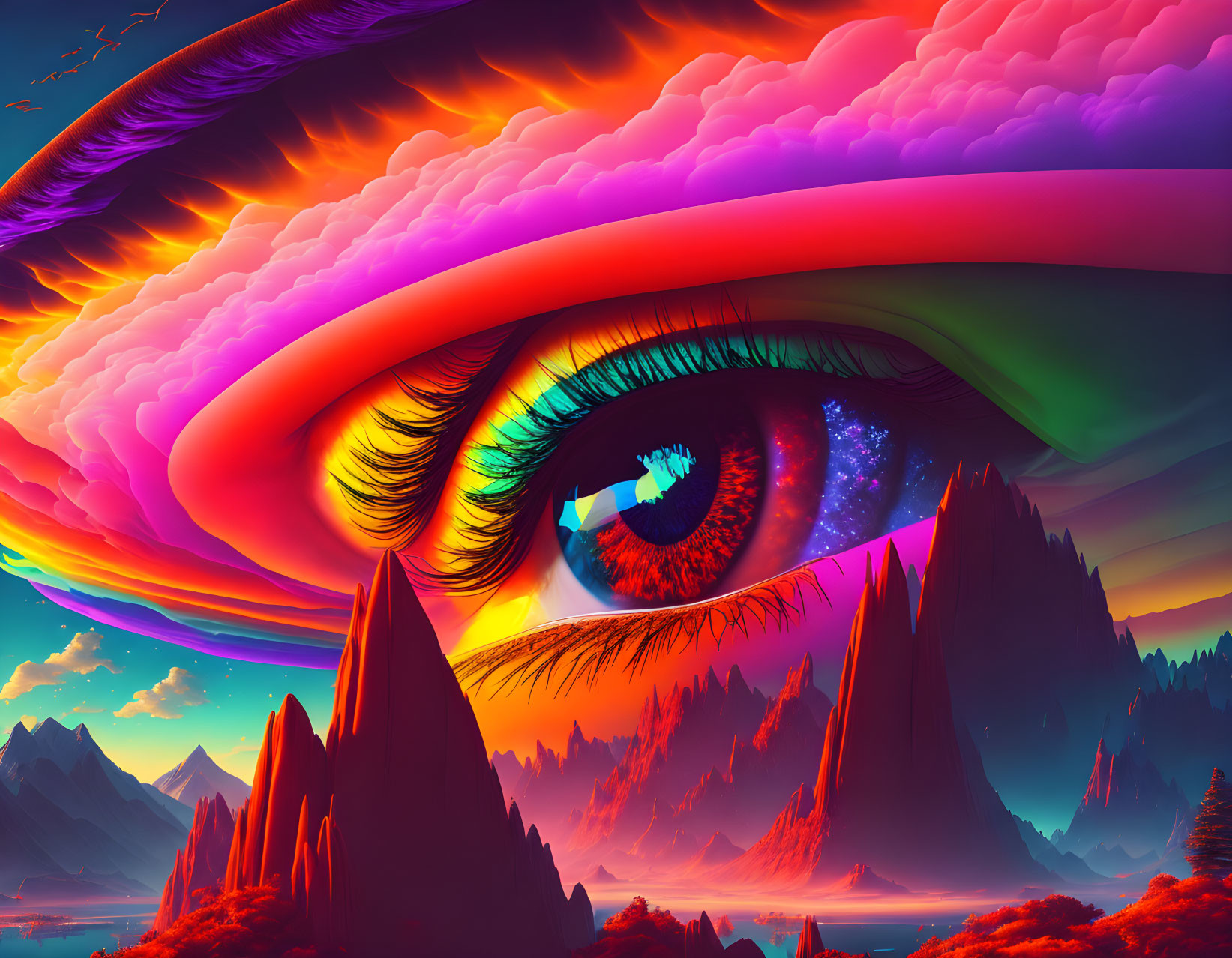 Surreal landscape with mountains, forests, and colossal colorful eye