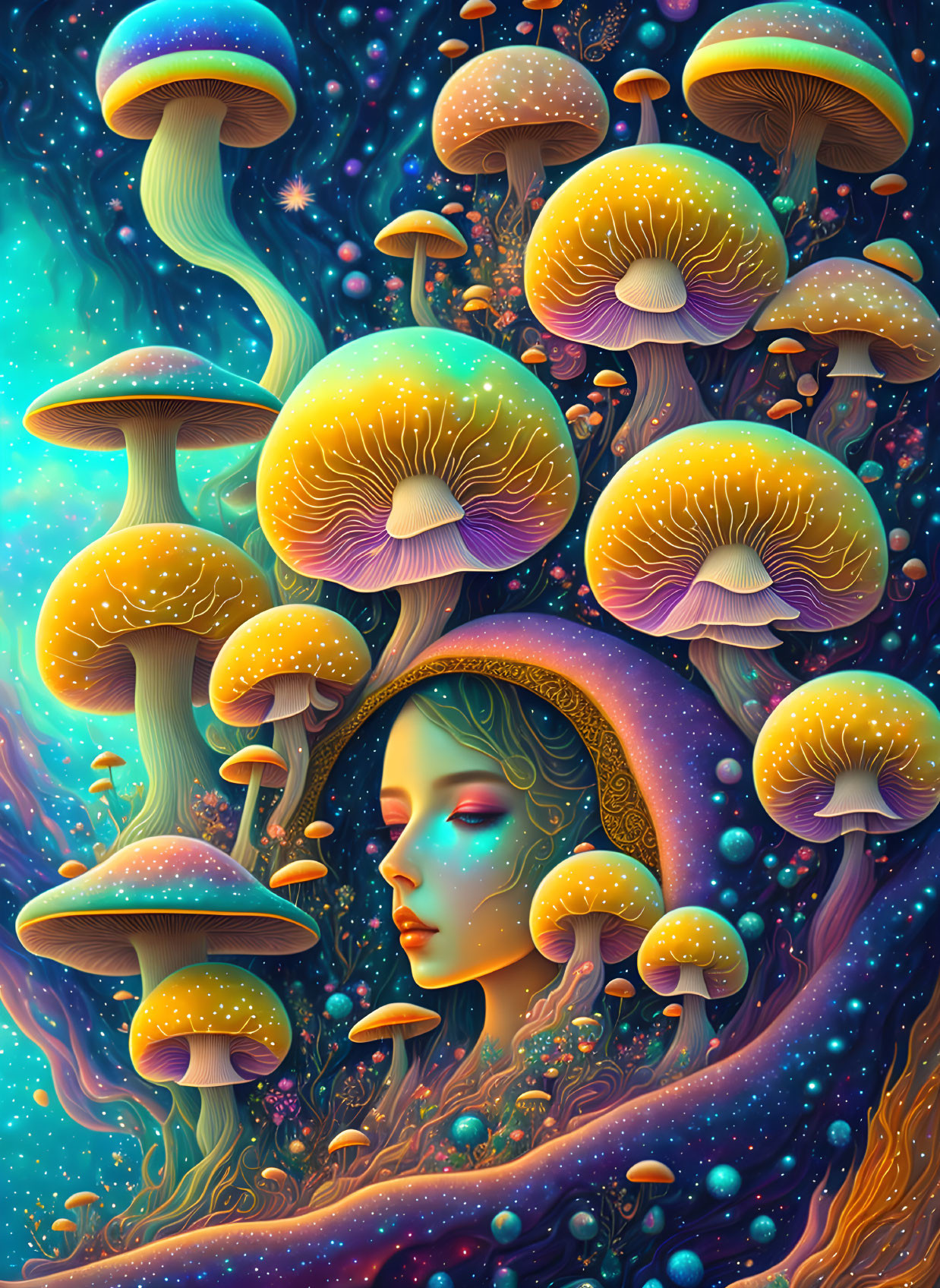 Psychedelic woman's face in luminescent mushroom forest on starry background