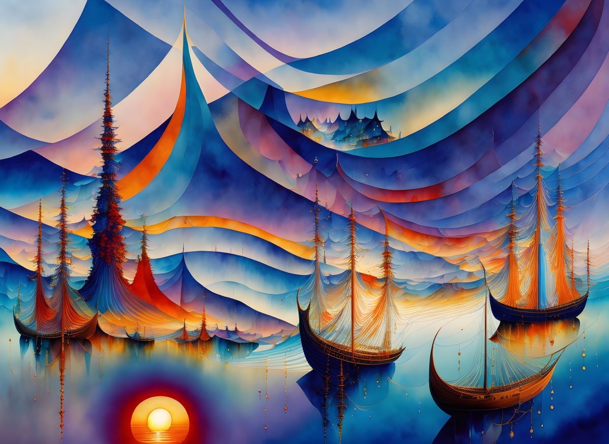 Vibrant surreal art: waves, ships, pine trees, hills, setting sun