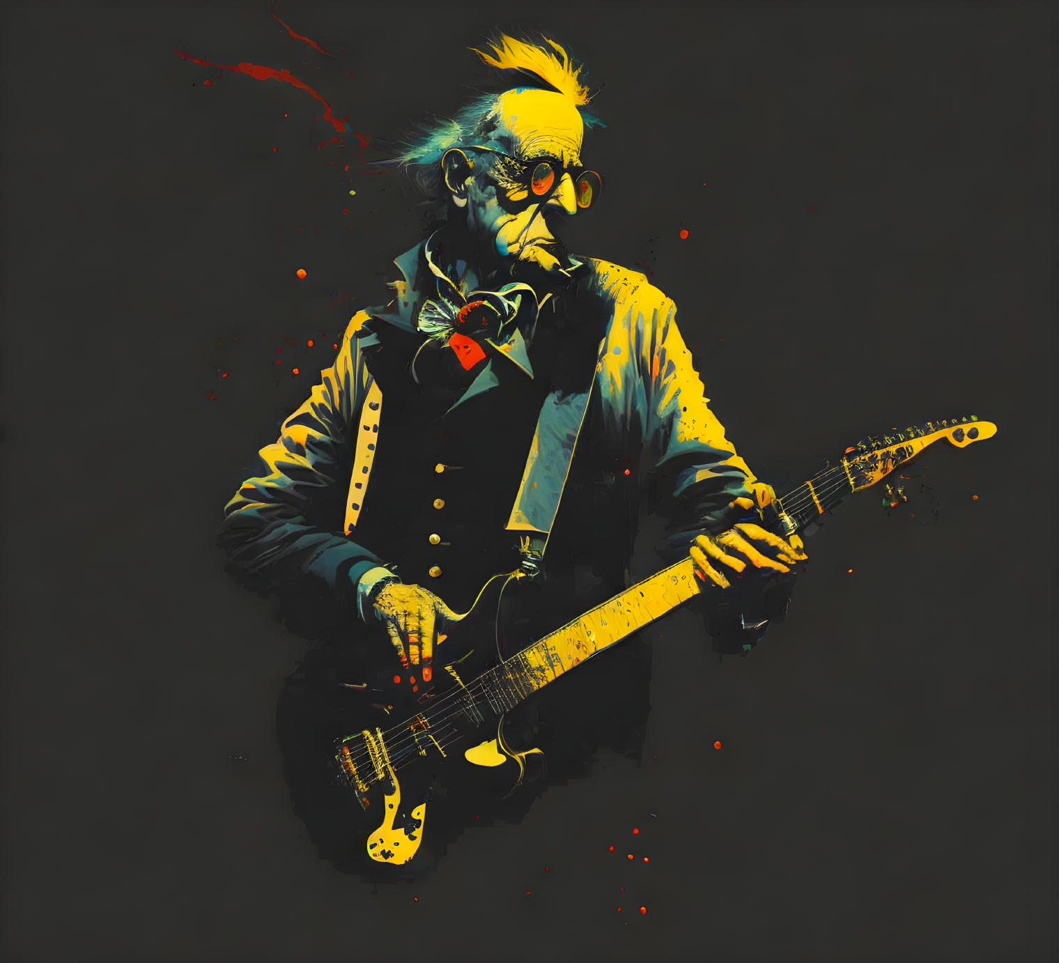 Elderly Musician with Mohawk Playing Electric Guitar in Stylized Artwork