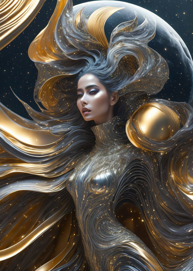 Digital artwork of a woman with golden, starry hair and gown, merging cosmic and ethereal elements