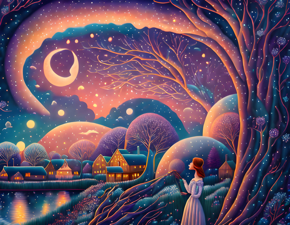 Illustration of woman in dress under starry night sky by magical trees and glowing village.