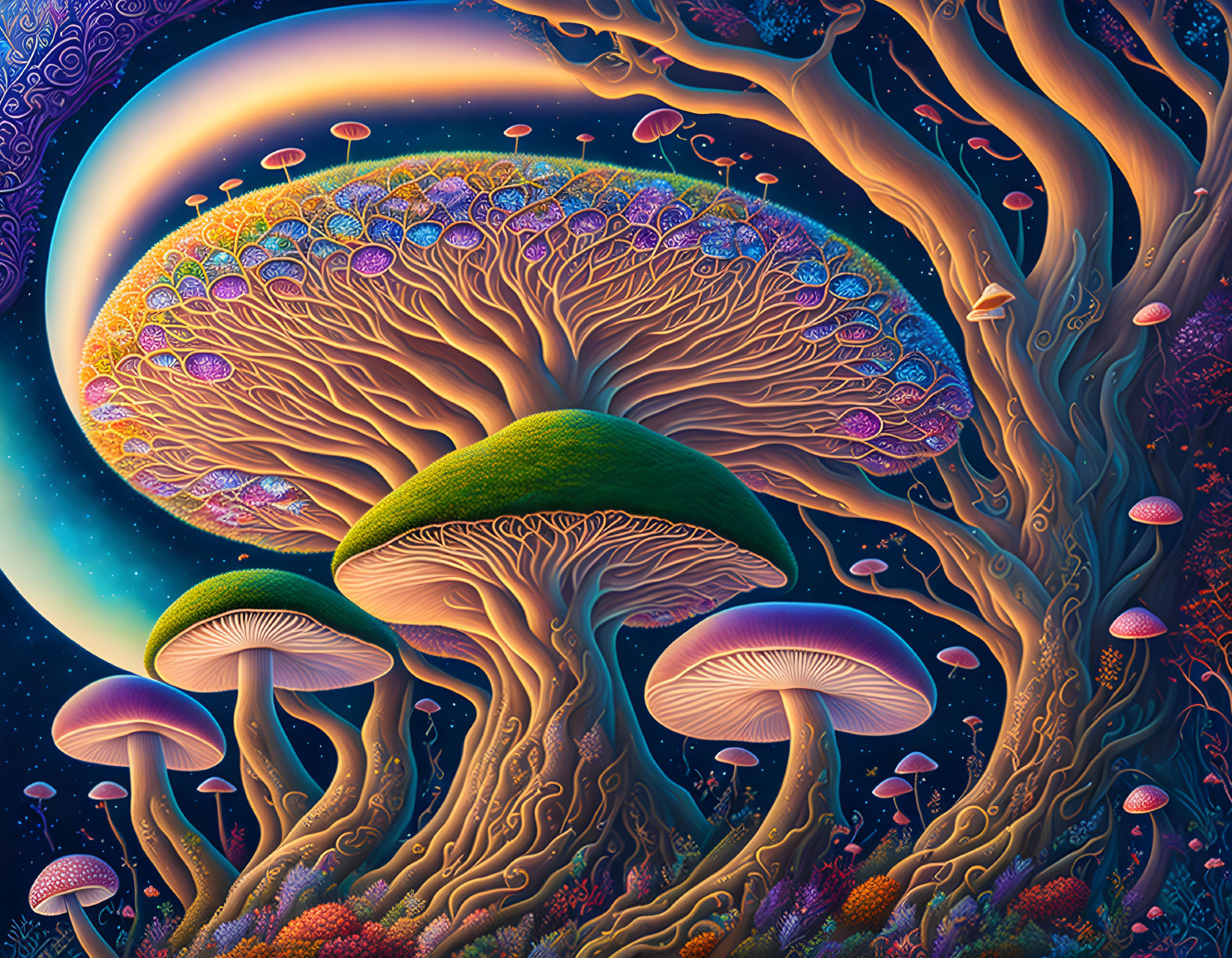 Colorful Psychedelic Mushroom and Tree Illustration in Dreamy Setting