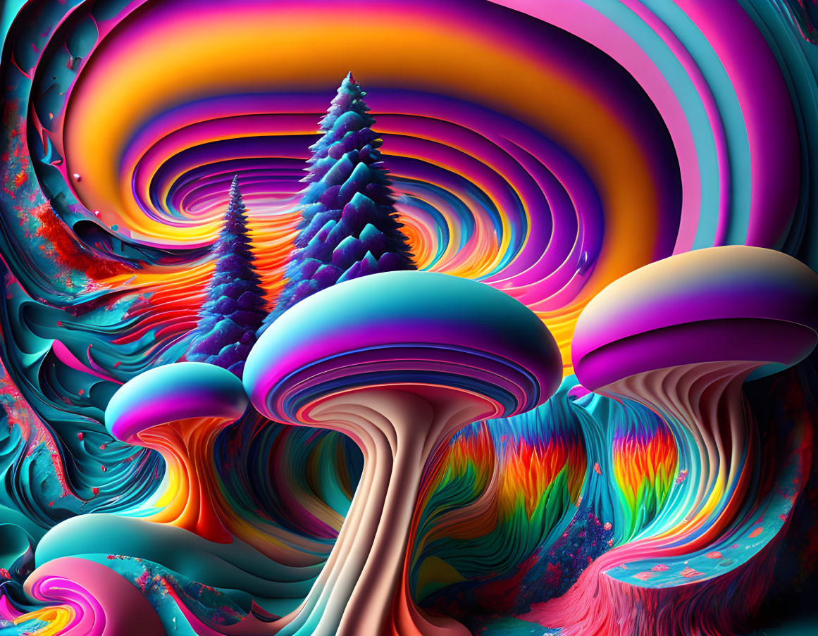 Colorful Psychedelic Art: Mushroom Structures, Pine Trees, Swirling Patterns