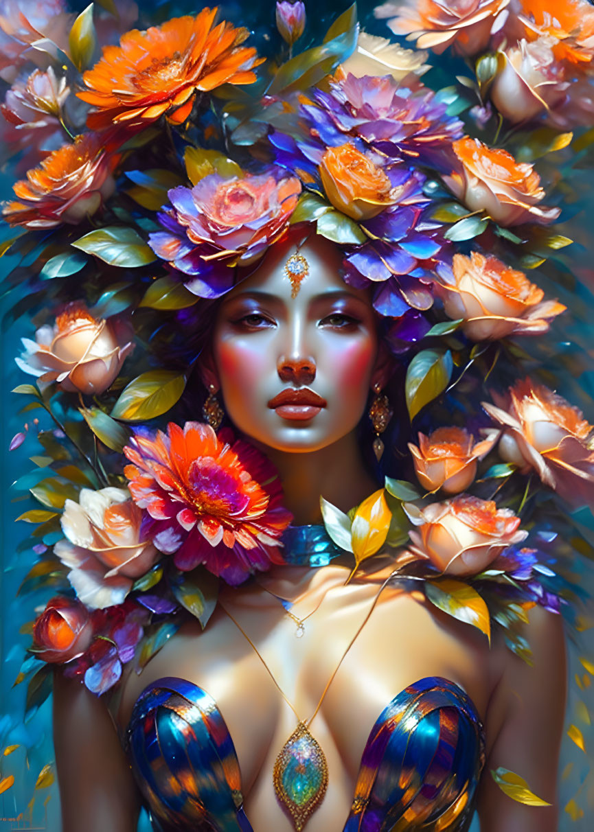 Digital artwork: Woman with multicolored flower crown and golden jewelry