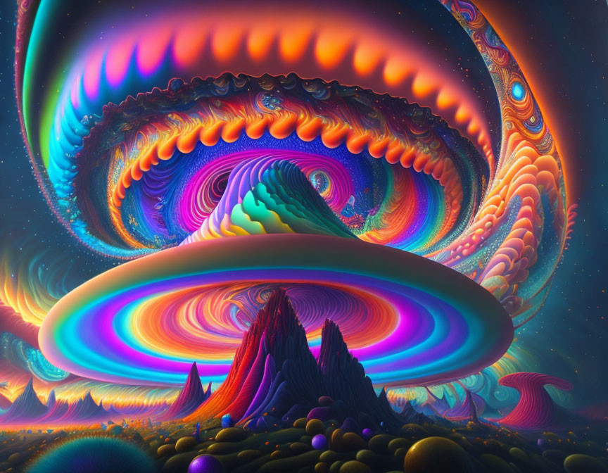 Colorful Psychedelic Fractal Landscape with Swirling Patterns