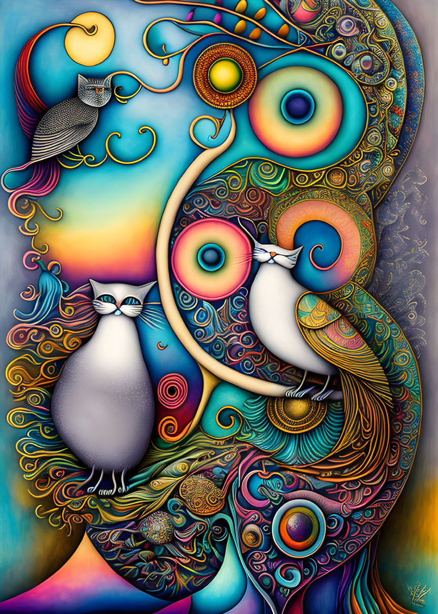 Colorful Artwork: Stylized Cats with Celestial Motifs